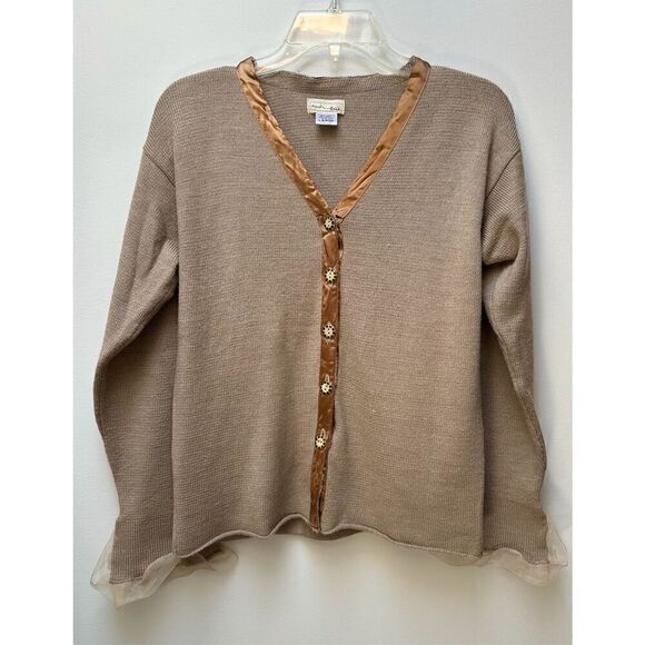 Neesh by DAR women’s tan wool blend button cardigan silk trim size L #45-1385 - Picture 1 of 5